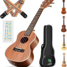 Concert Ukulele Kit Beginner Starter 23 Inch with Gig Bag, Rainbow Strap, Fretboard Stickers, for Adults Sapele, Model CY0070