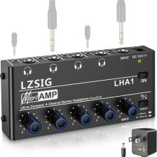 LZSIG Headphone Amplifier 4 Channel Metal Stereo Audio Amplifier, Mini Earphone Splitter with Power Adapter, 1/4" & 1/8" TRS Headphones Output and TRS Audio Input, DC 12V